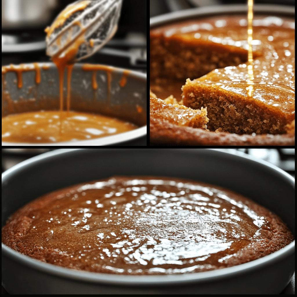 Four-panel collage showing the process of making basbousa semolina cake