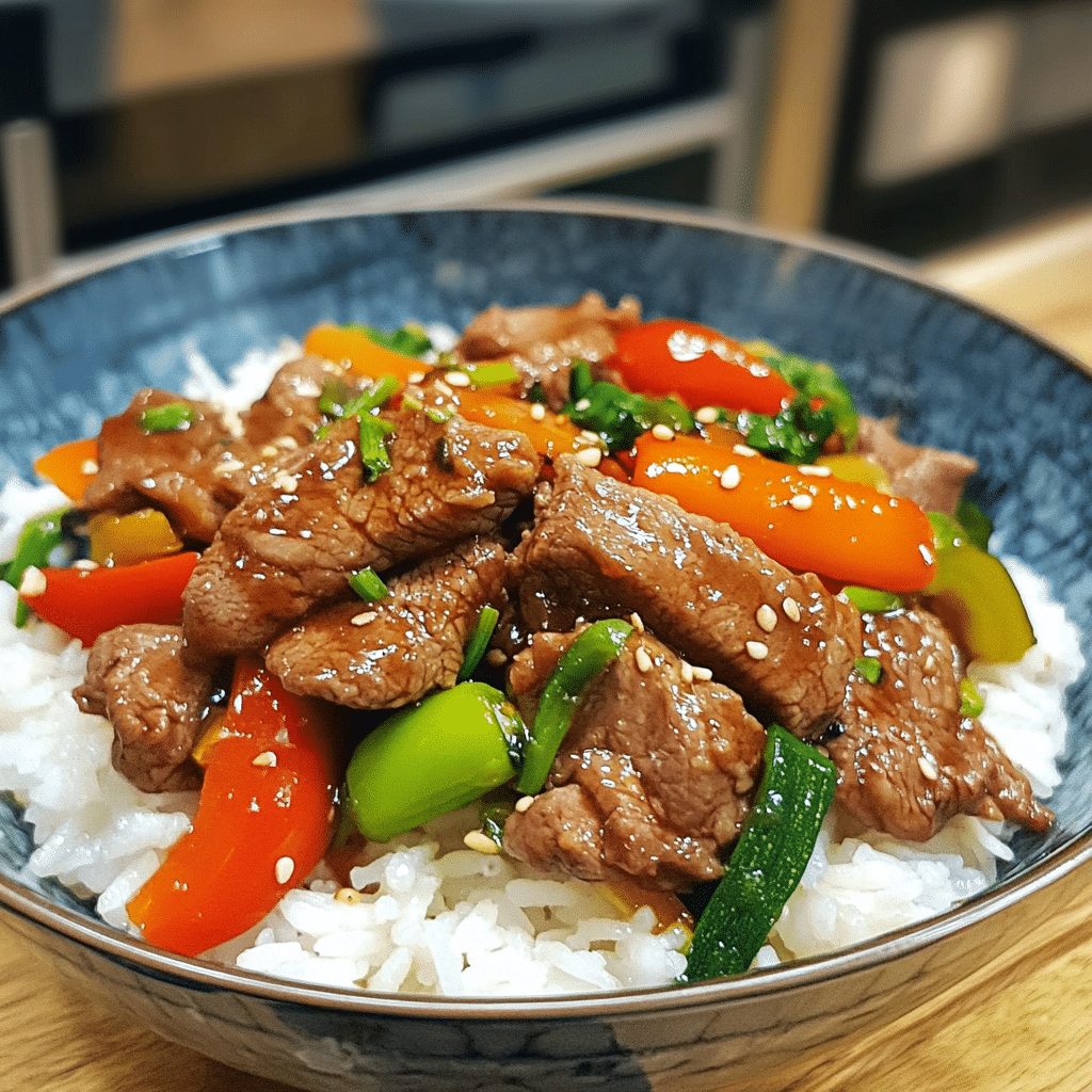 Beef stir fry with beef, vegetables, and rice