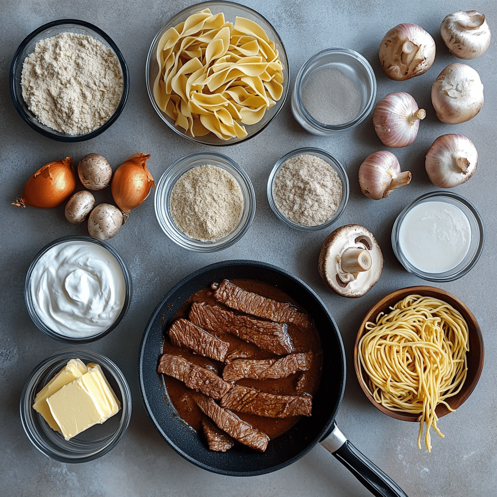 ingredients for beef stroganoff including beef mushrooms broth sour cream dijon mustard and noodles