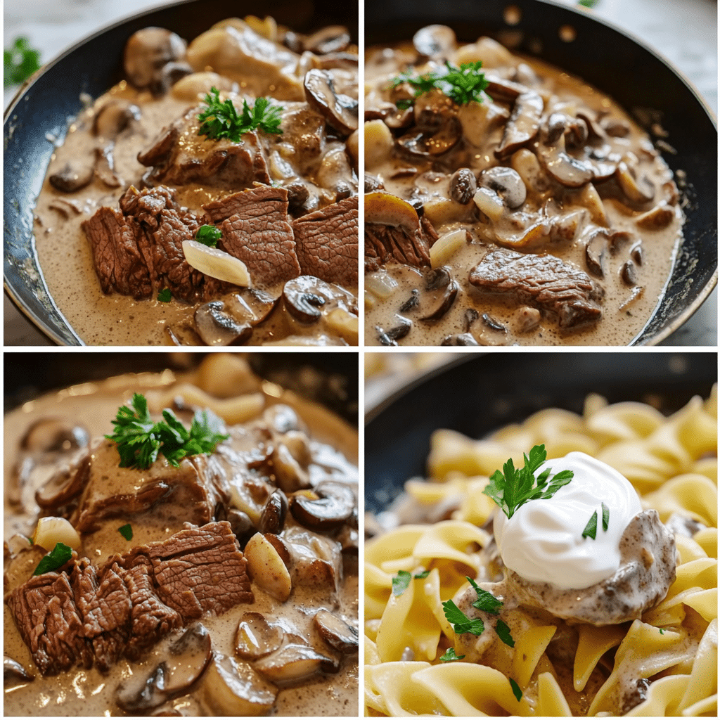 four panel collage showing steps to make beef stroganoff