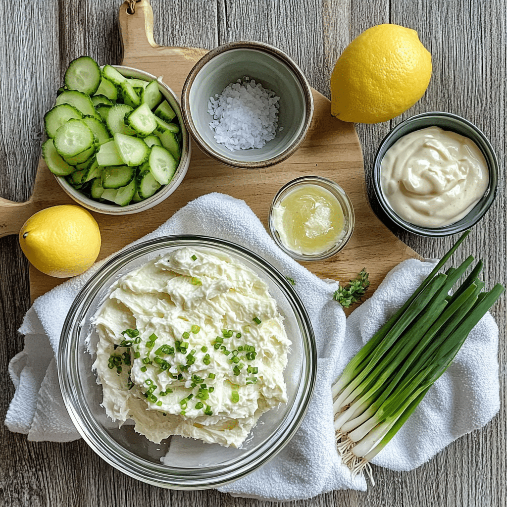 ingredients for benedictine spread including cream cheese cucumber green onions lemon and seasonings