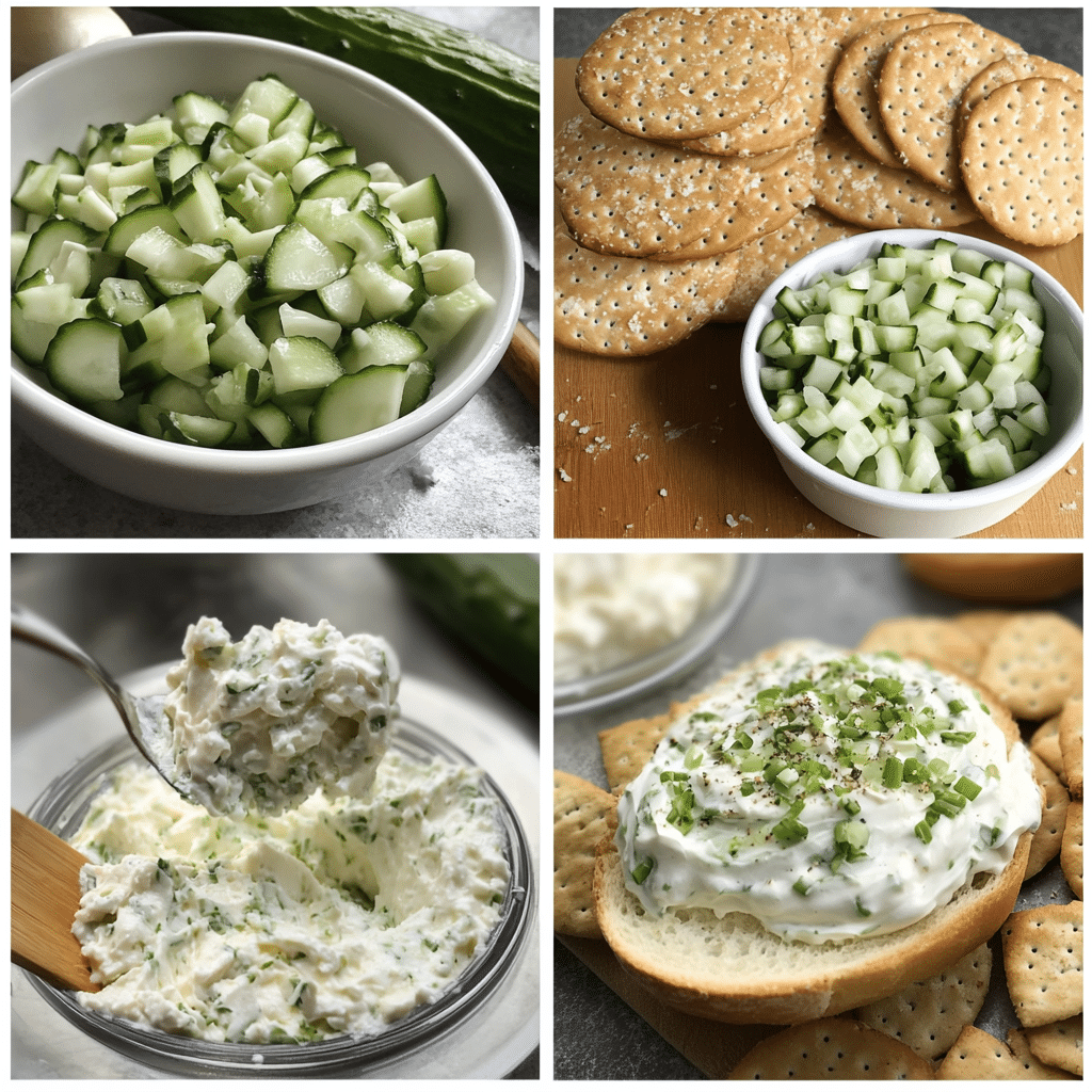 four panel collage showing steps to make benedictine spread