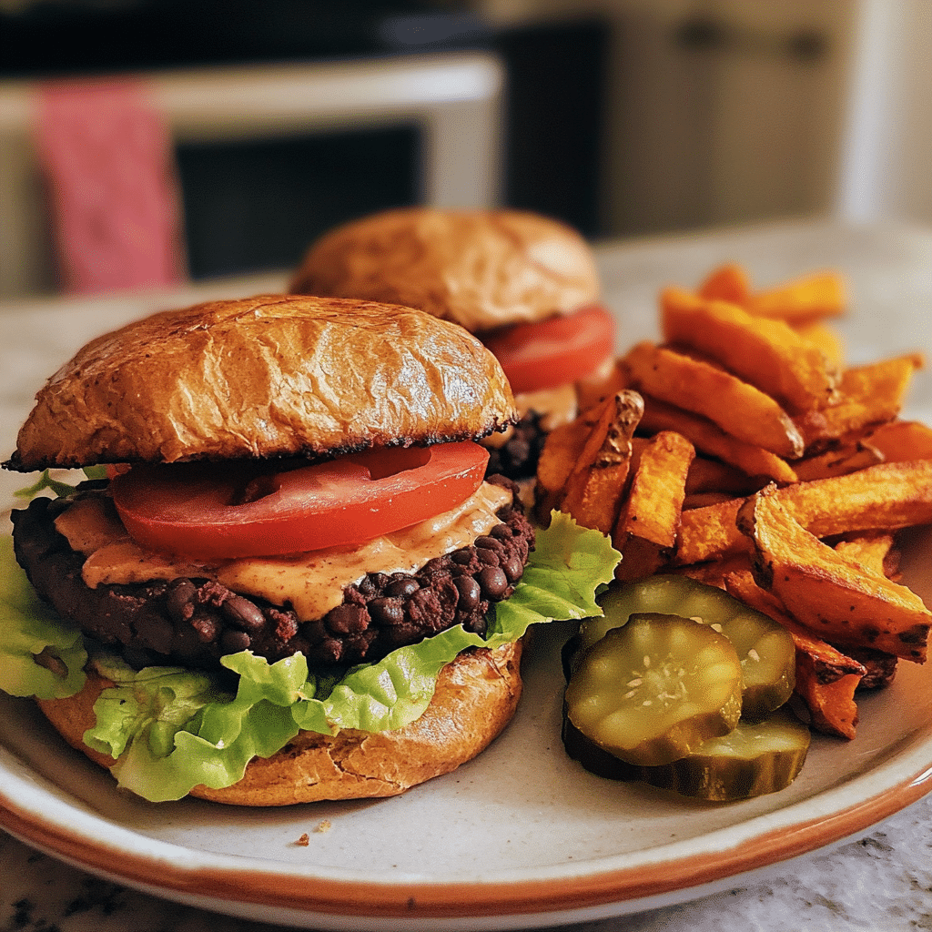 homemade black bean burgers on buns with lettuce tomato and sauce