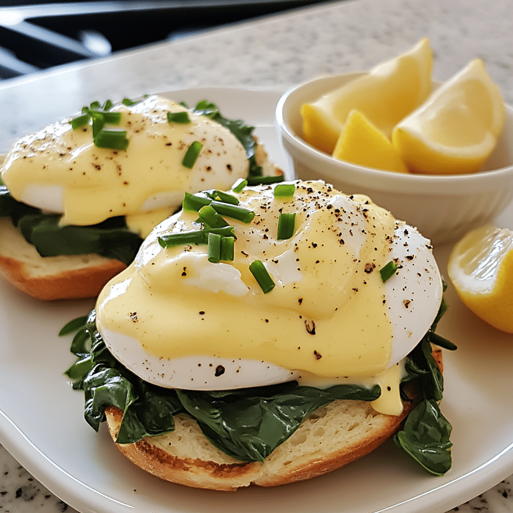 eggs florentine on english muffin with spinach poached eggs and hollandaise