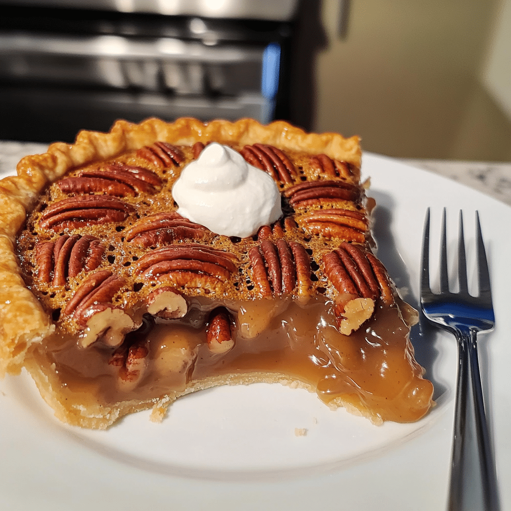 slice of pecan pie with gooey filling and whipped cream