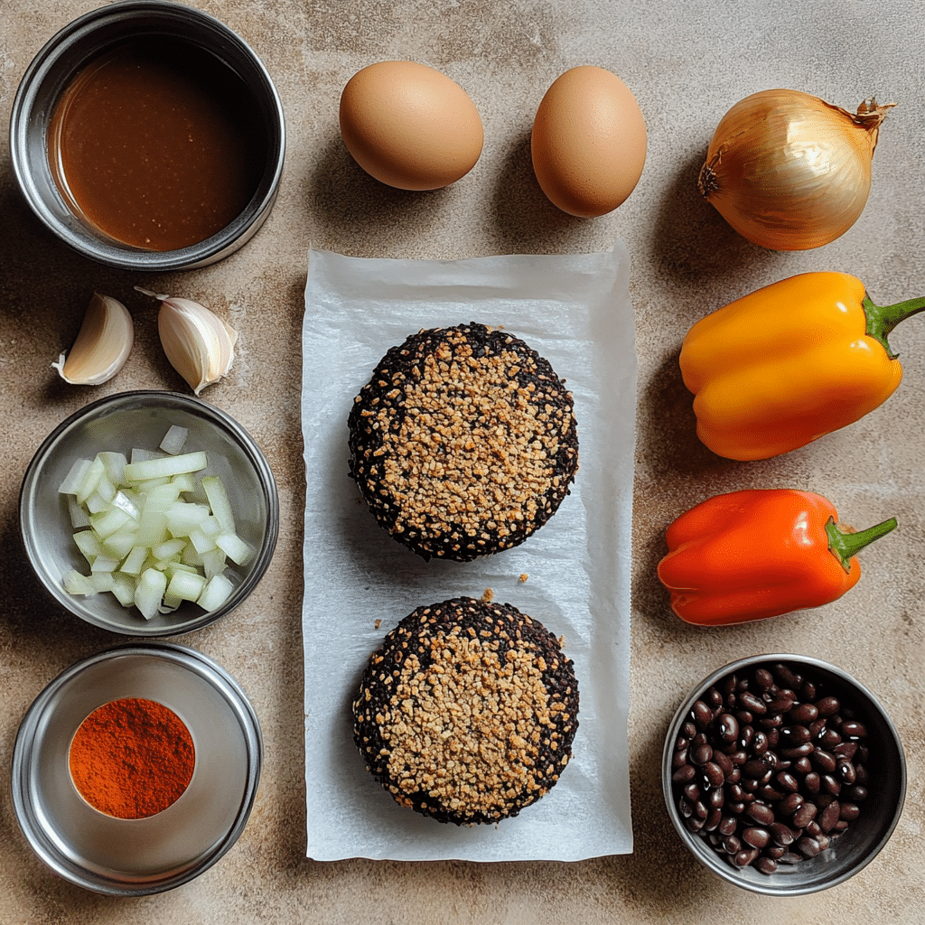 ingredients for black bean burgers including black beans breadcrumbs eggs onion garlic spices and condiments