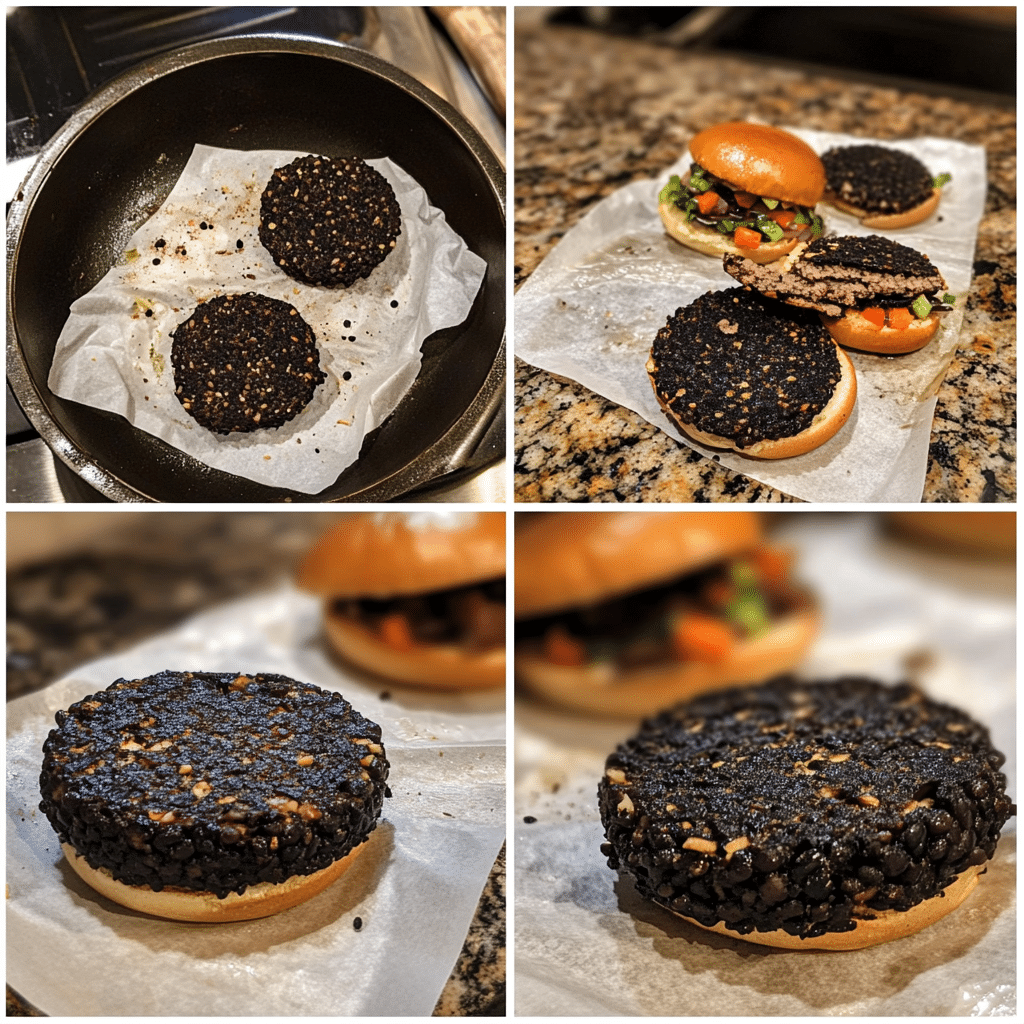four panel collage showing steps to make black bean burgers