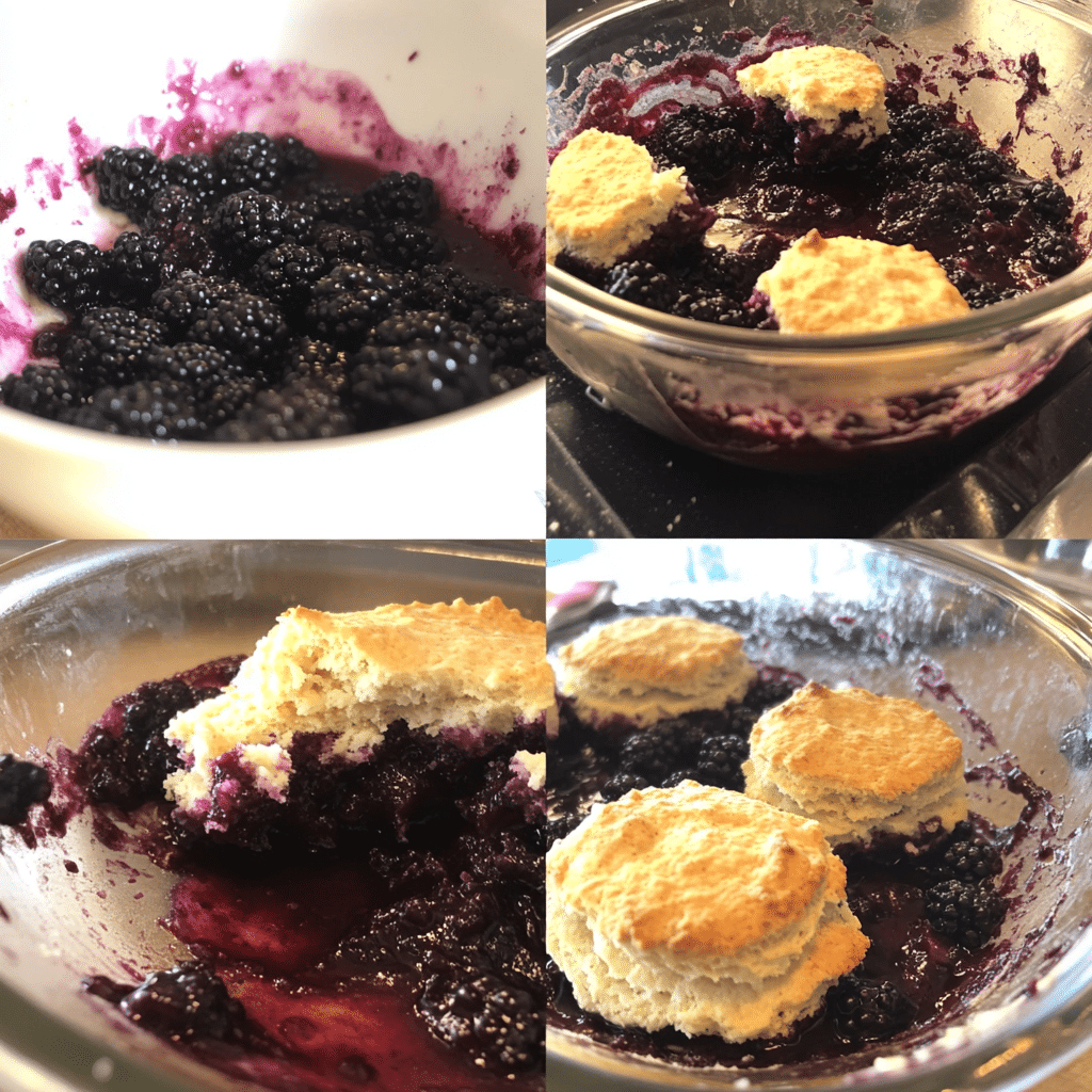 Four-panel collage of blackberry cobbler recipe steps from mixing to baked cobbler
