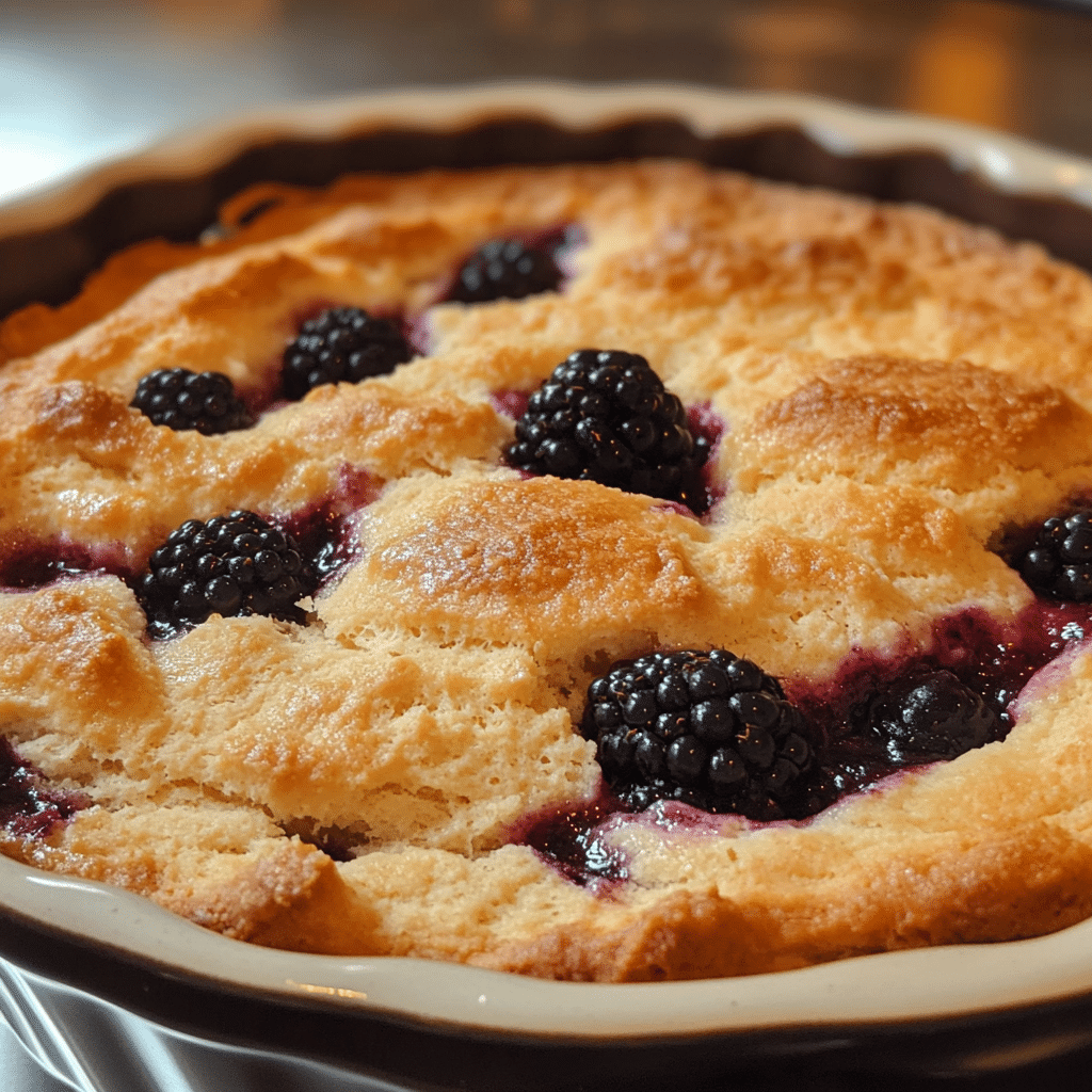Close-up of blackberry cobbler with biscuit topping