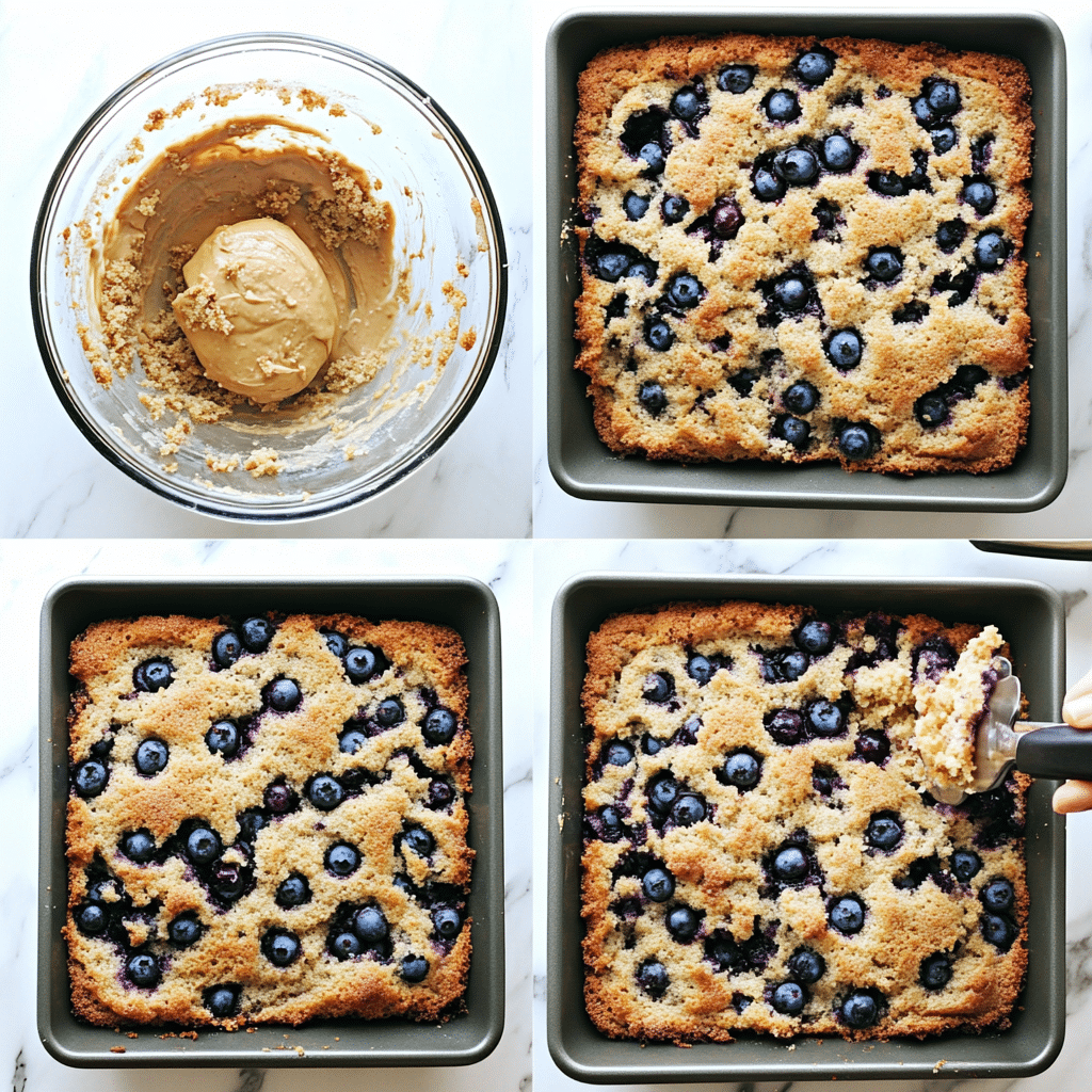 Four-panel collage showing batter mixing, folding blueberries, adding crumb topping, and baked blueberry buckle