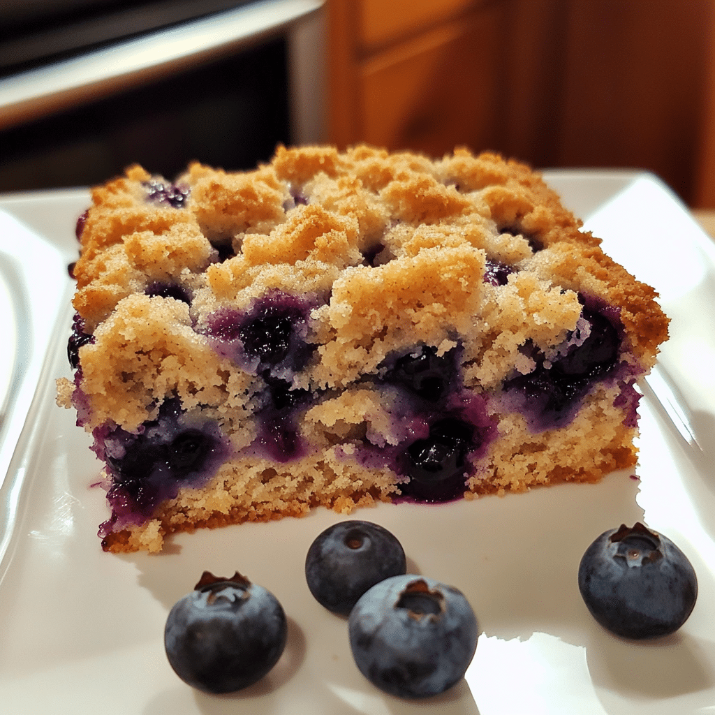 Slice of blueberry buckle with crumb topping and blueberries