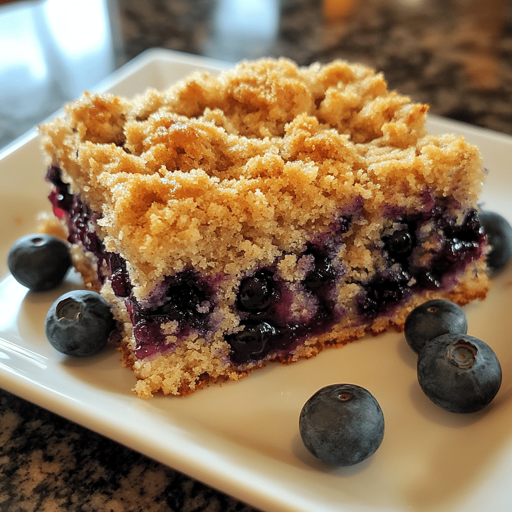 Slice of blueberry buckle with crumb topping and blueberries