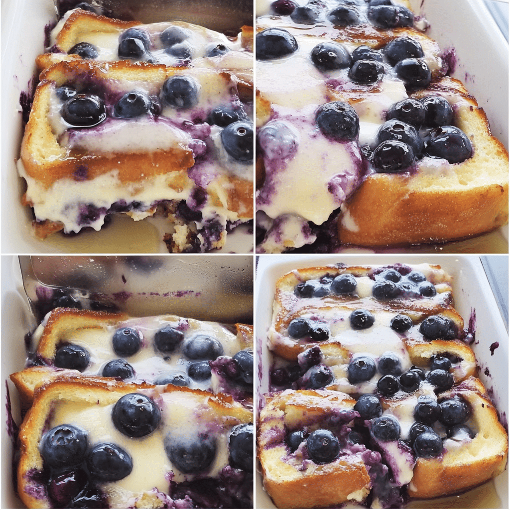 Four-panel collage showing the process of making blueberry French toast casserole