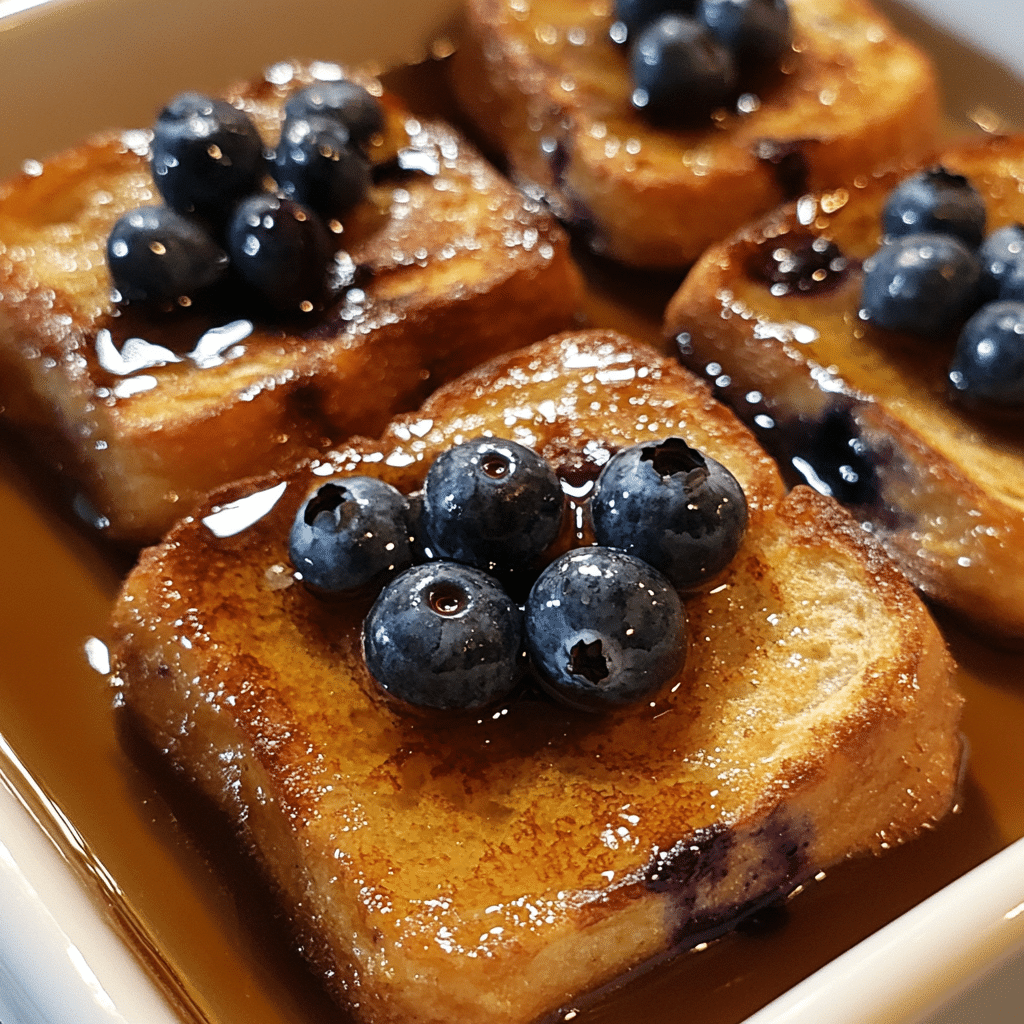 Close-up of blueberry French toast casserole, topped with blueberries and syrup