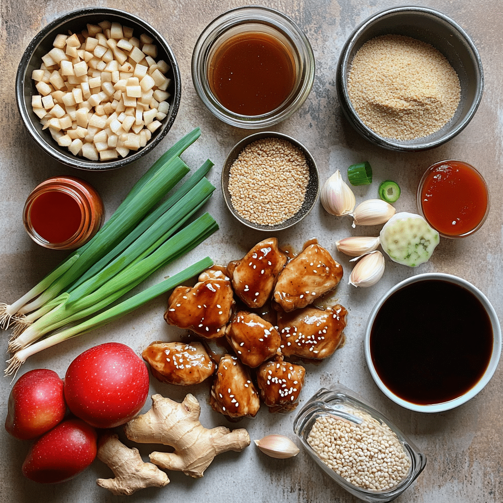 ingredients for bourbon chicken including chicken soy sauce brown sugar apple juice garlic ginger and cornstarch