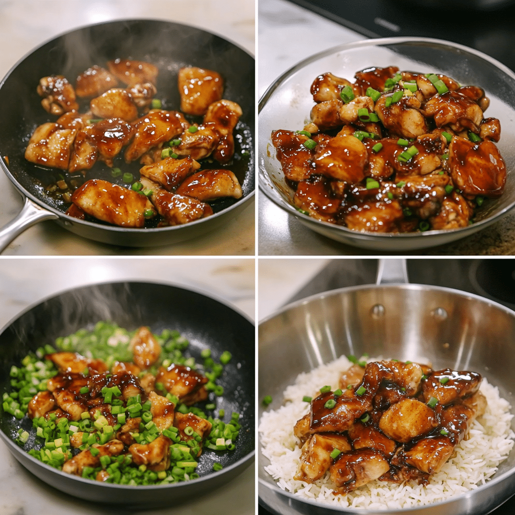 four panel collage showing steps to make bourbon chicken