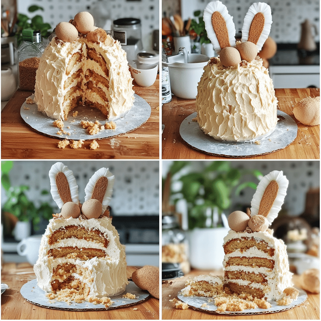 Four-panel collage showing the steps to making bunny cake