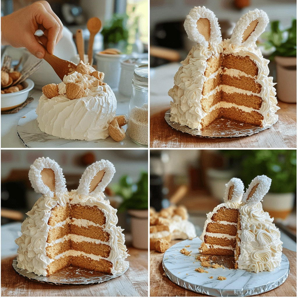 Four-panel collage showing the steps to making bunny cake