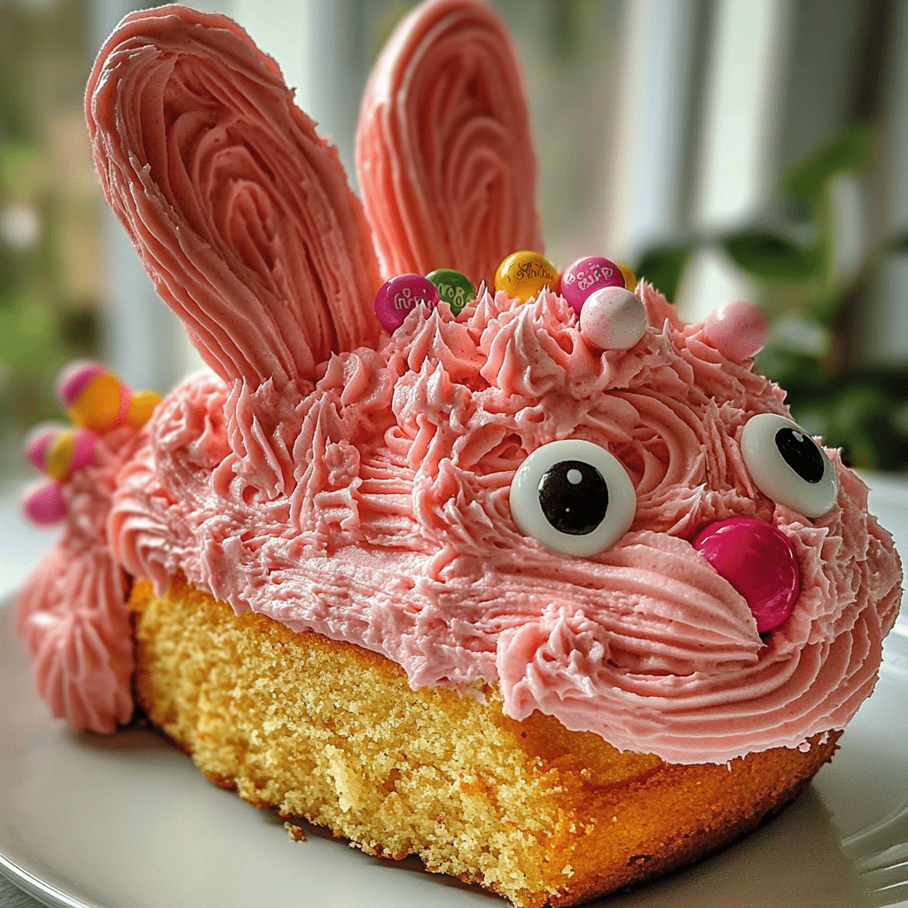Close-up of a bunny-shaped cake decorated with pink frosting, candy eyes, and a fluffy tail