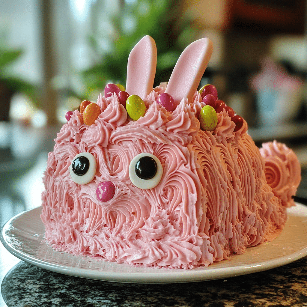Close-up of a bunny-shaped cake decorated with pink frosting, candy eyes, and a fluffy tail