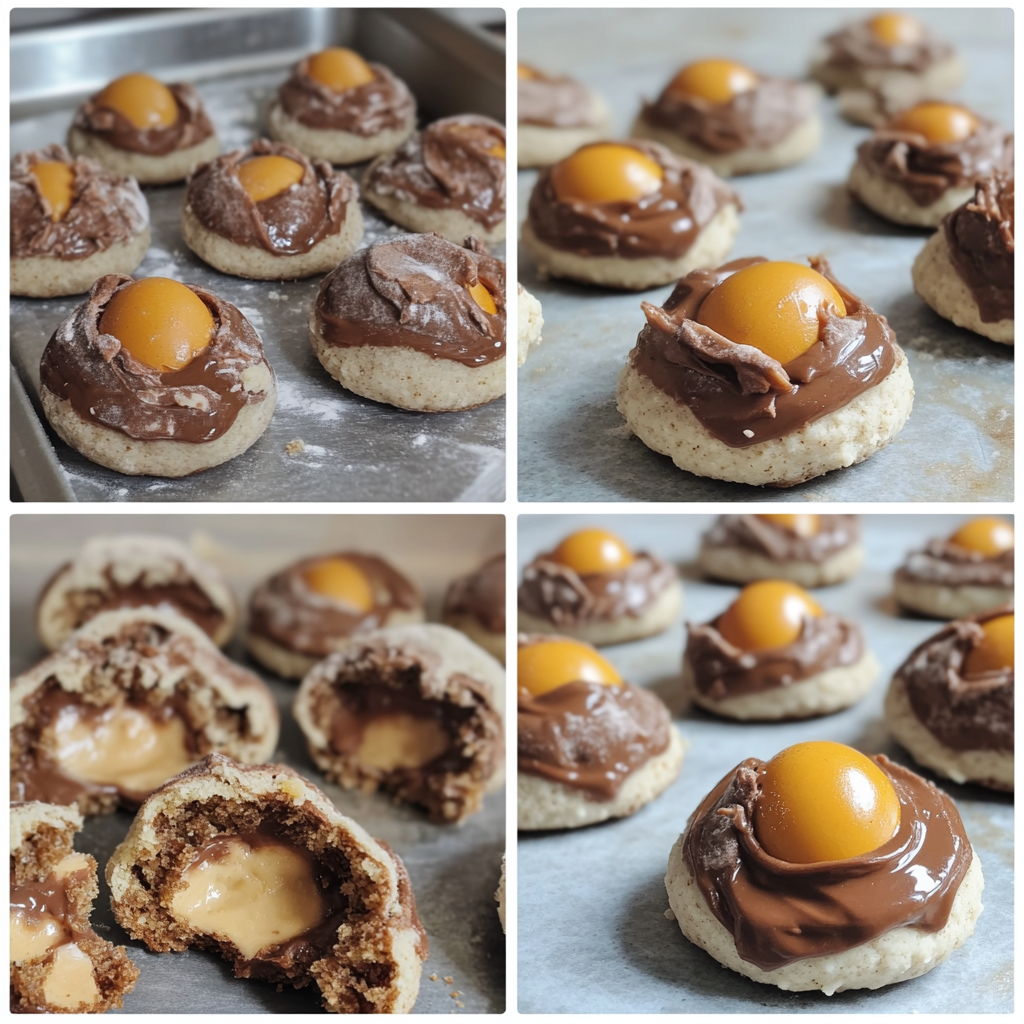 Four-panel collage of Cadbury egg cookie process from mixing to finished product