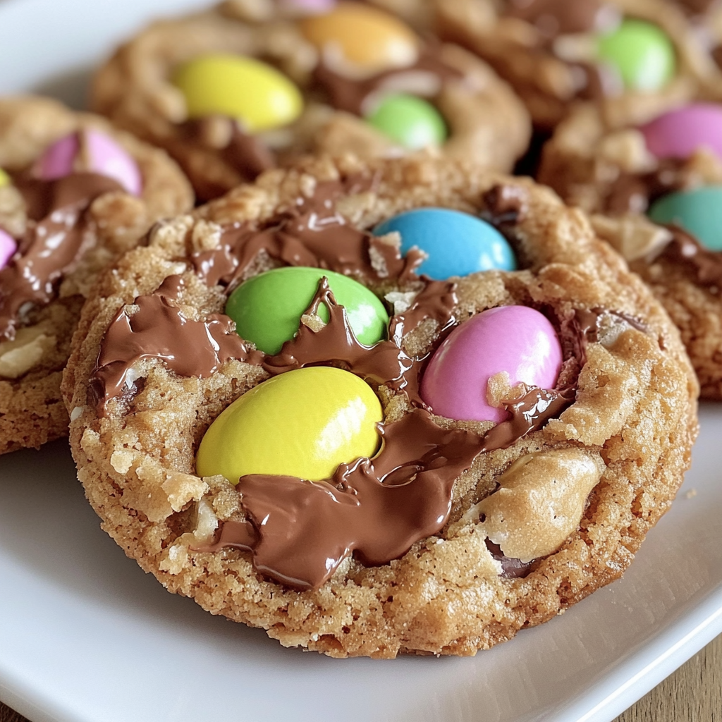 Close-up of Cadbury egg cookies with gooey centers and Cadbury eggs inside