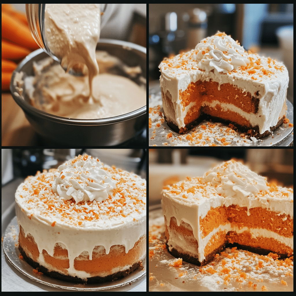 Four-panel collage showing the steps to making carrot cake cheesecake