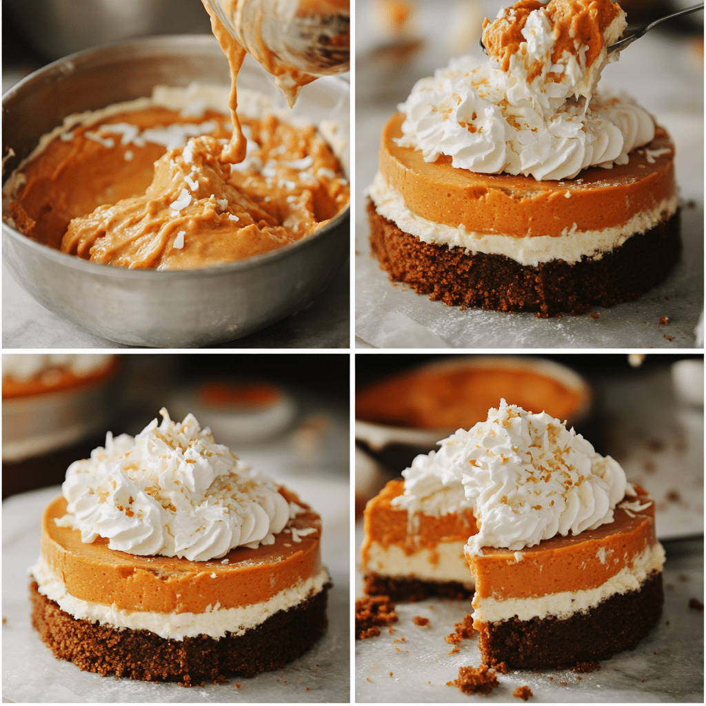 Four-panel collage of carrot cake cheesecake from preparation to finished product