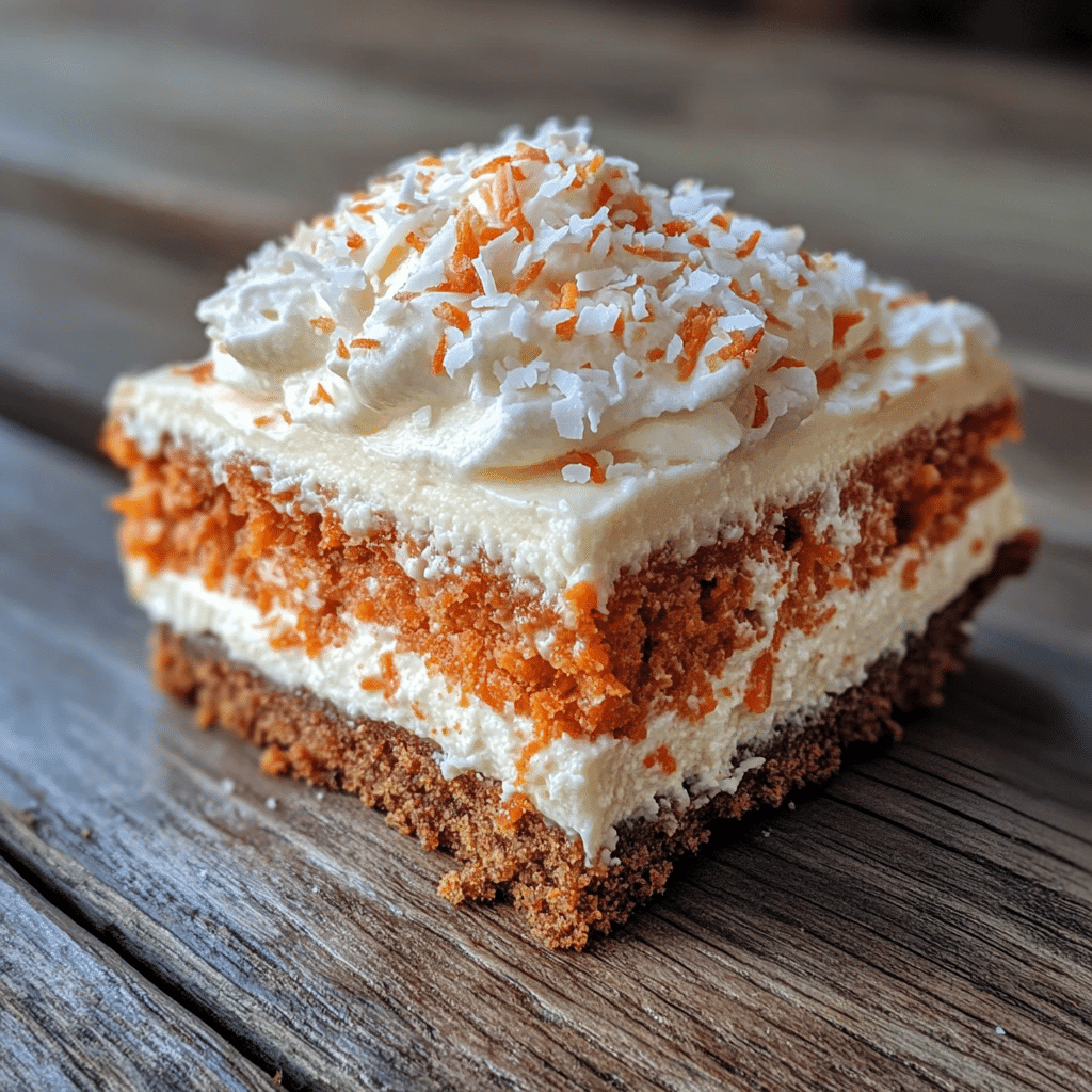 Slice of carrot cake cheesecake topped with whipped cream and shredded coconut