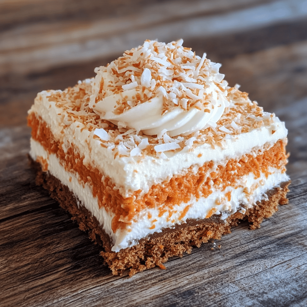 Slice of carrot cake cheesecake topped with whipped cream and shredded coconut