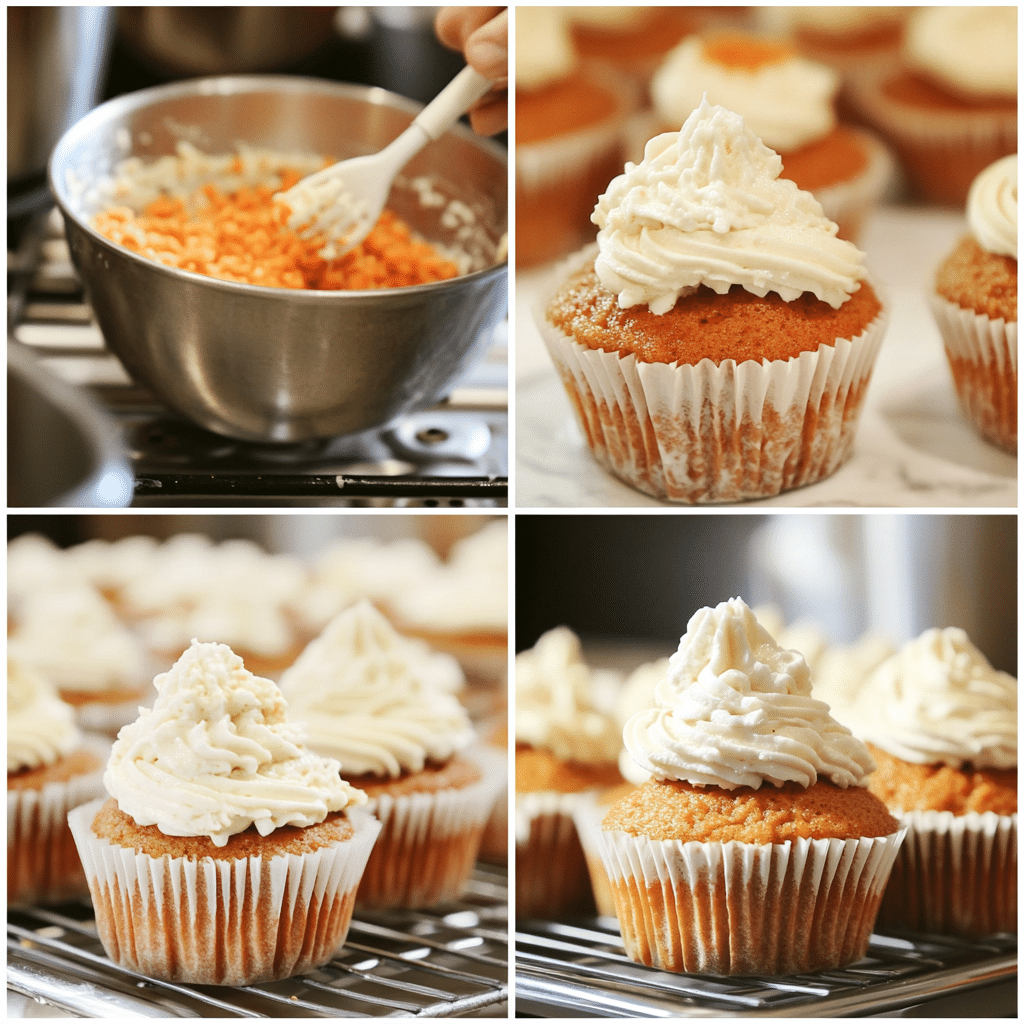 Four-panel collage of carrot cake cupcake recipe steps from mixing to frosting