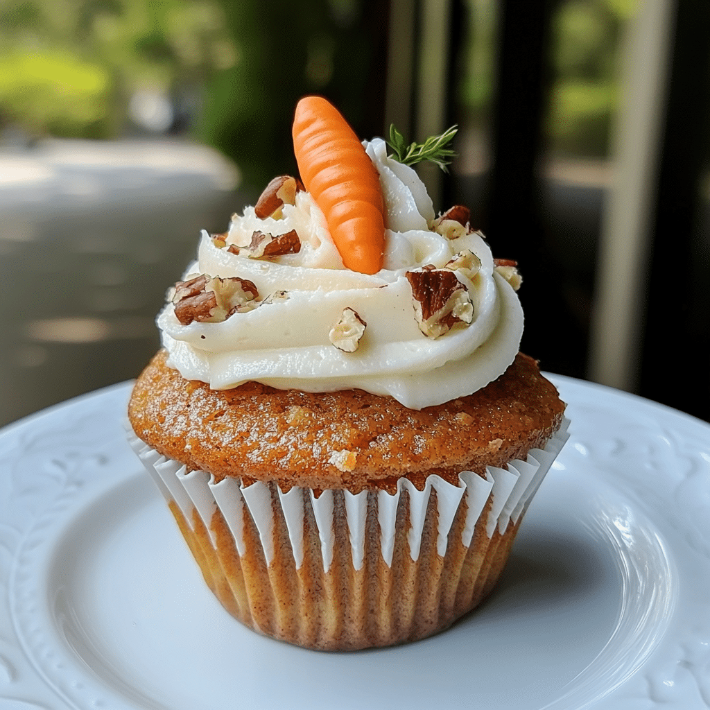 Close-up of carrot cake cupcakes with cream cheese frosting and pecans
