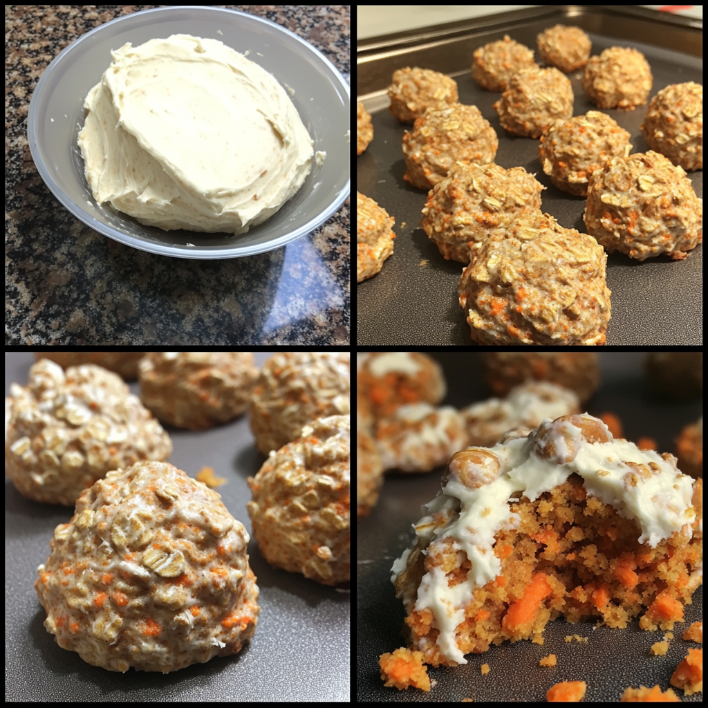 Four-panel collage showing the process of making carrot cake oatmeal cookies