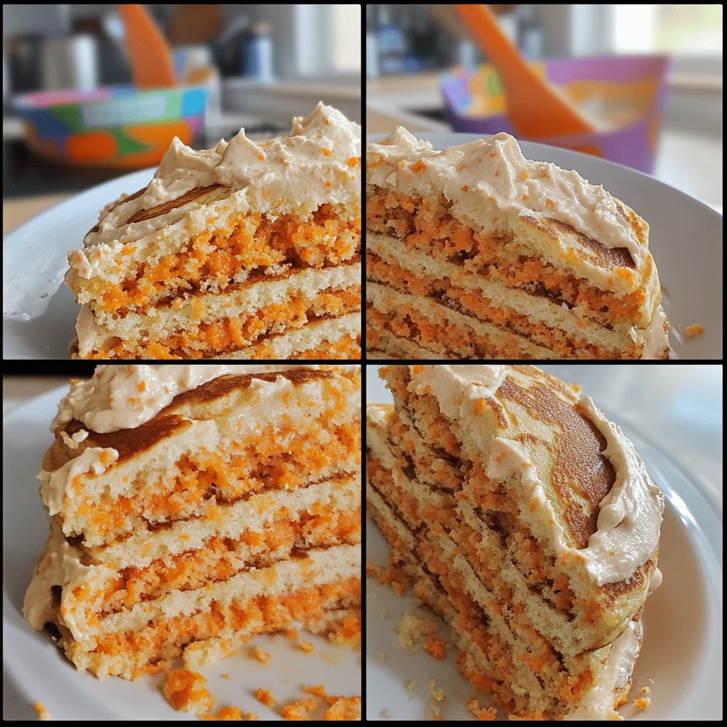 Four-panel collage showing the process of making carrot cake pancakes