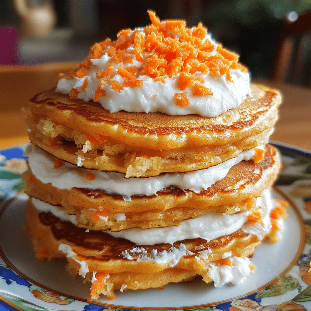 Close-up of carrot cake pancakes stacked with frosting and topped with grated carrots