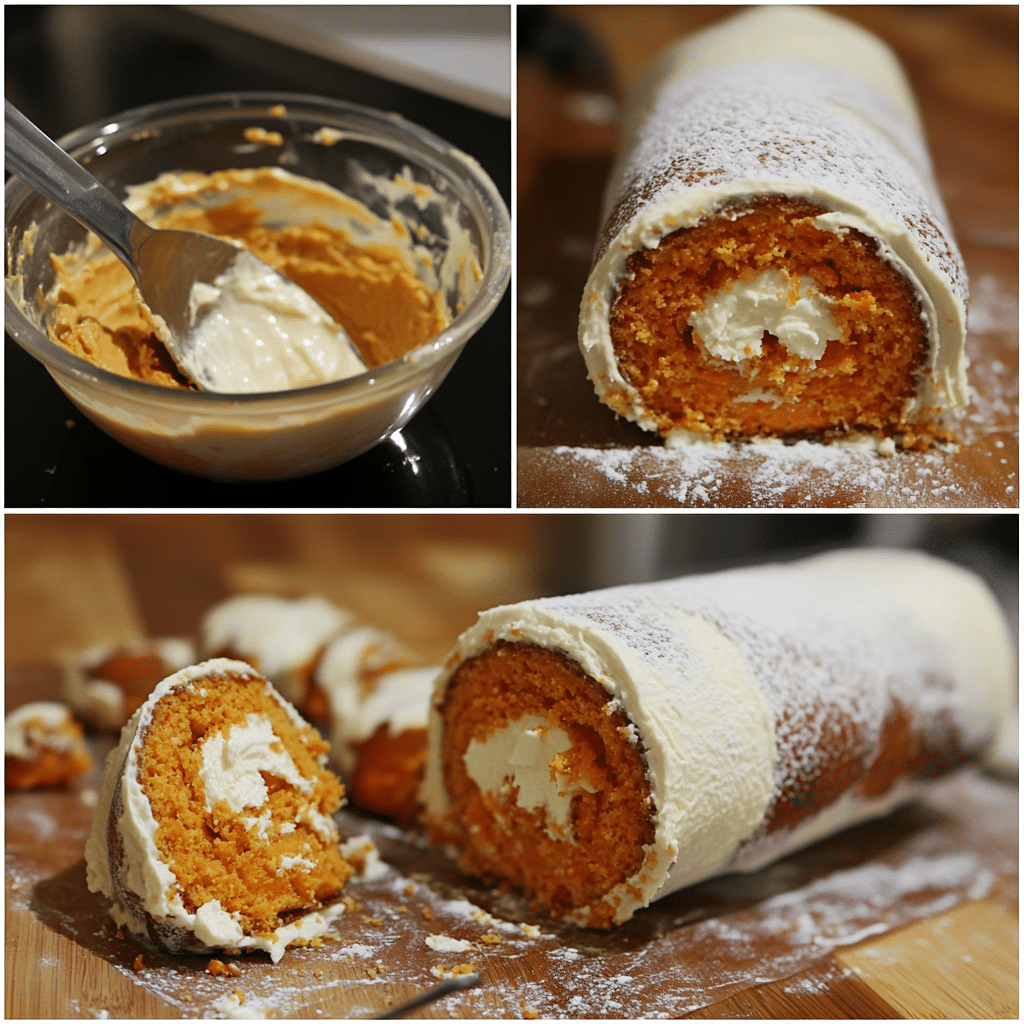 Four-panel collage showing the process of making carrot cake roll from batter to finished roll