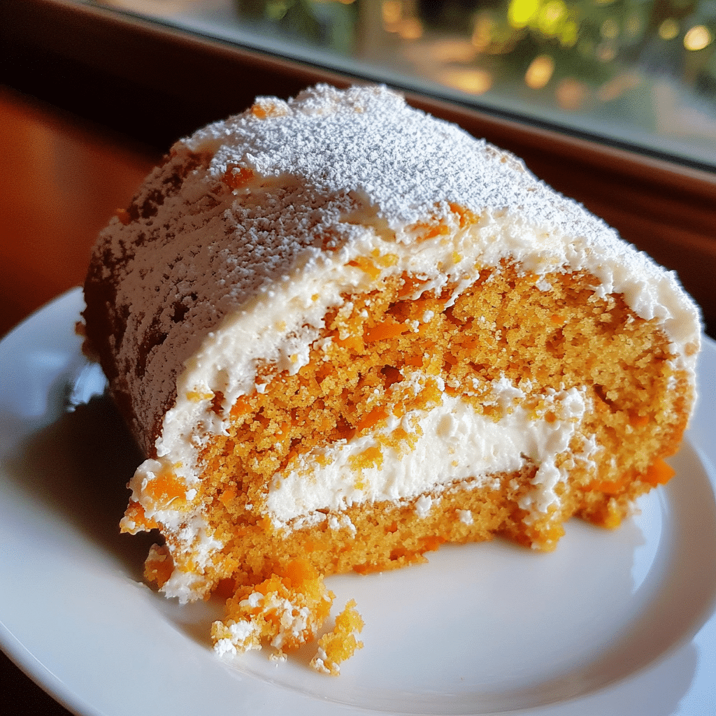 Carrot cake roll with cream cheese filling, sliced to show the interior