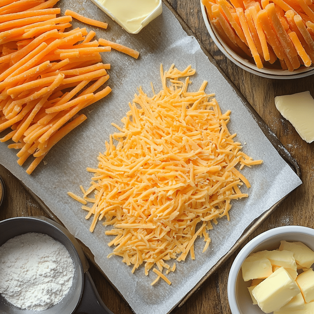 ingredients for southern cheese straws including cheddar flour butter salt and spices