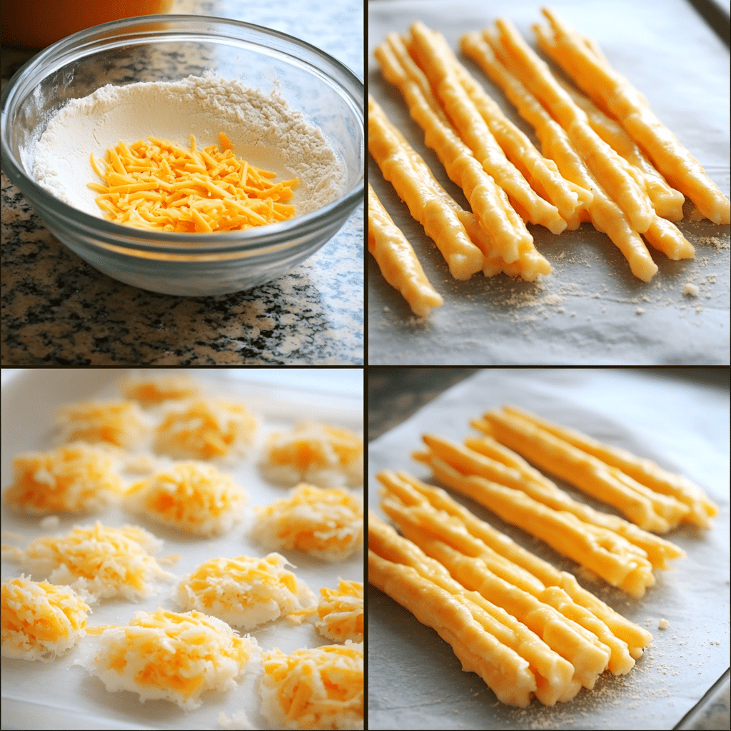four panel collage showing steps to make southern cheese straws