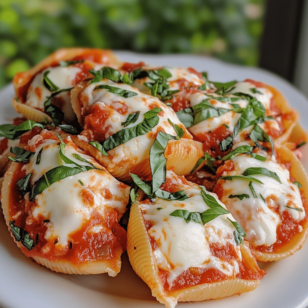 Stuffed pasta shells filled with ricotta cheese and topped with mozzarella and marinara