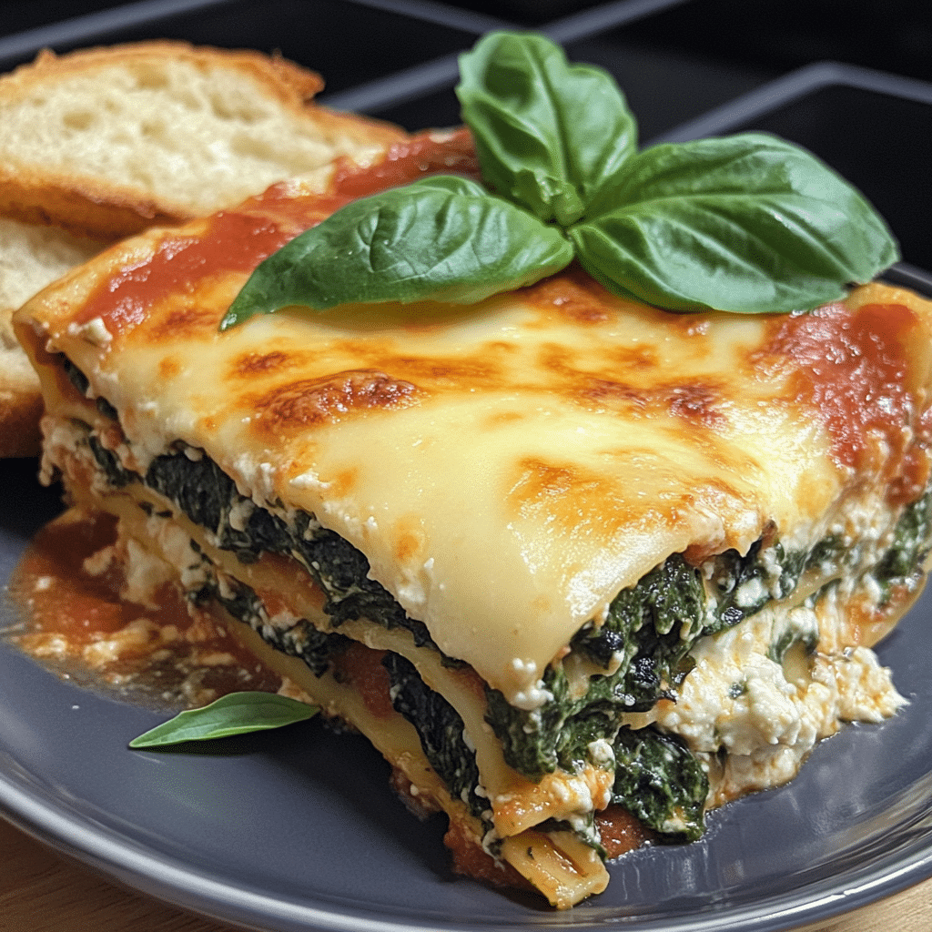 Spinach lasagna slice with melted cheese, marinara, spinach, and ricotta