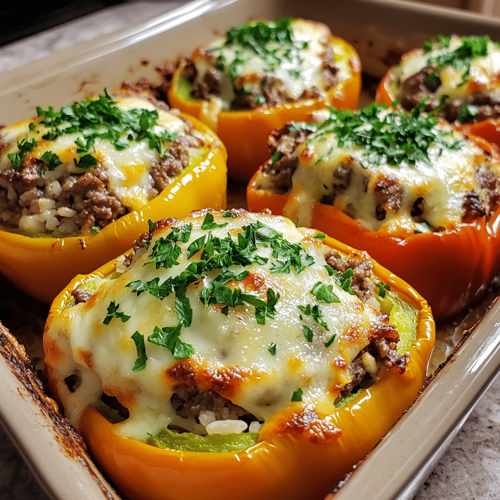 stuffed bell peppers in a baking dish with melted cheese