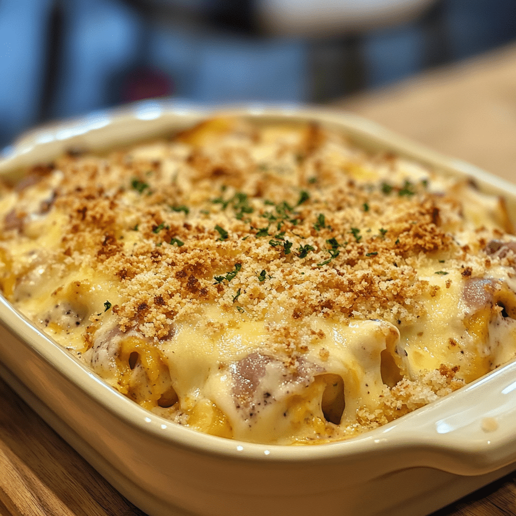 Chicken cordon bleu casserole with cheese and crispy breadcrumbs