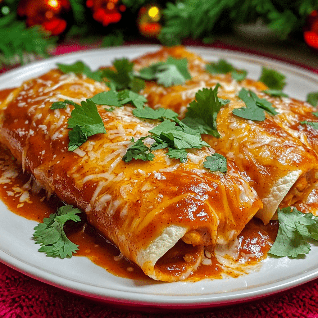 Chicken enchiladas with red sauce, cheese, and cilantro