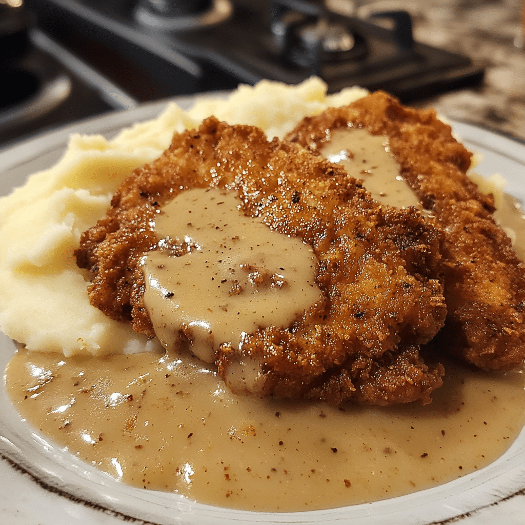 Crispy chicken fried steak with mashed potatoes and gravy