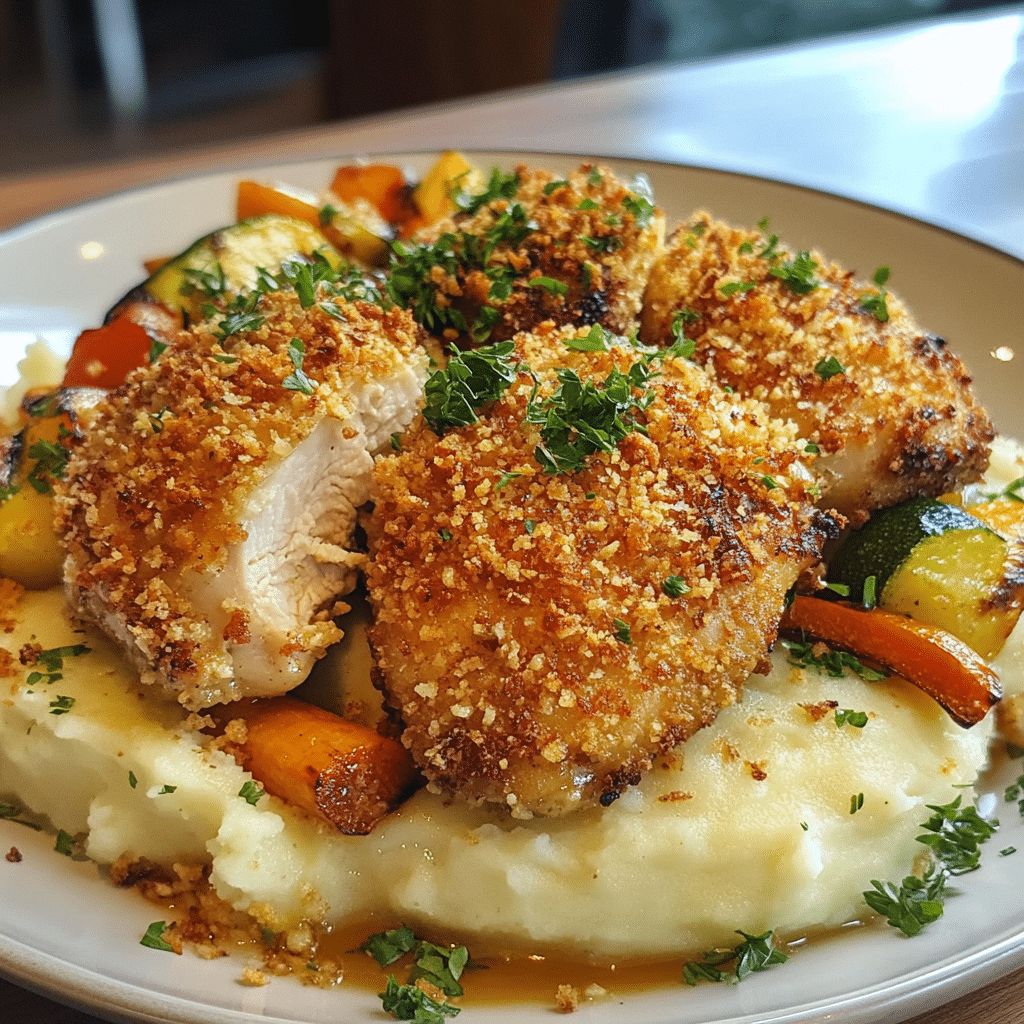Crispy chicken kiev with a golden breadcrumb crust, mashed potatoes, and vegetables
