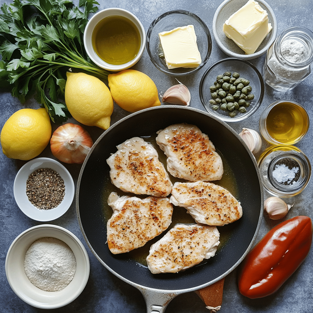 ingredients for chicken piccata including chicken cutlets flour lemons capers broth butter and parsley
