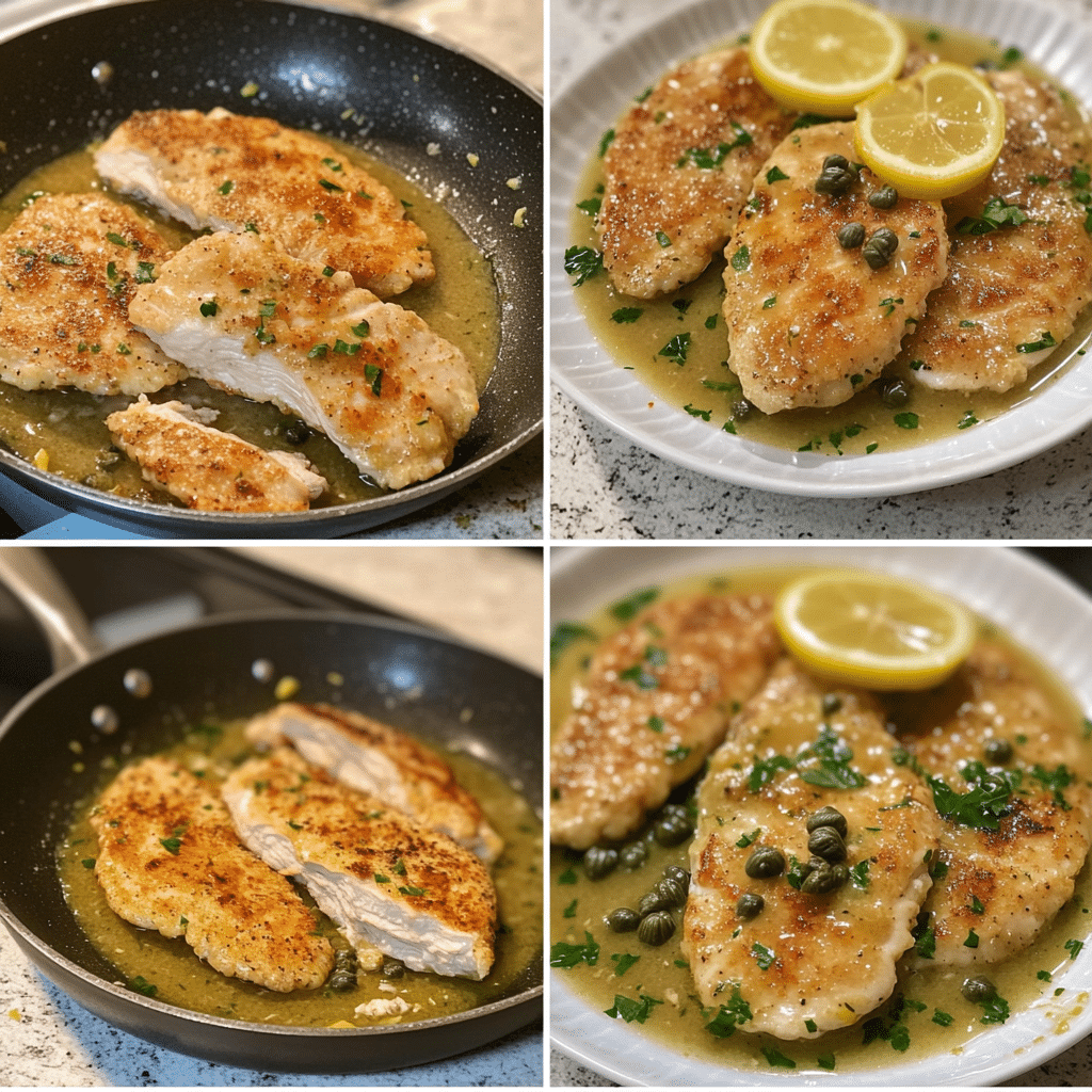 four panel collage showing steps to make chicken piccata