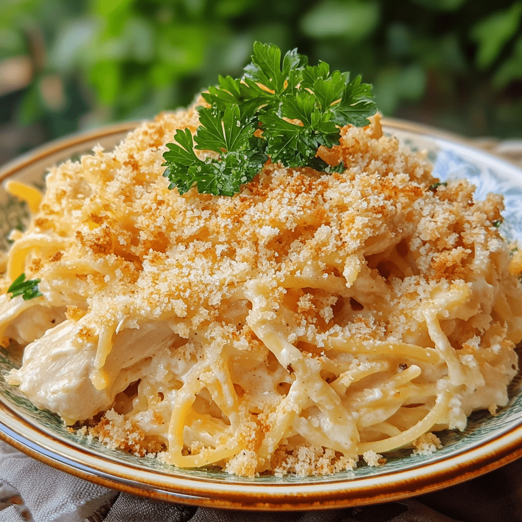 Chicken tetrazzini with creamy sauce, chicken, and breadcrumbs