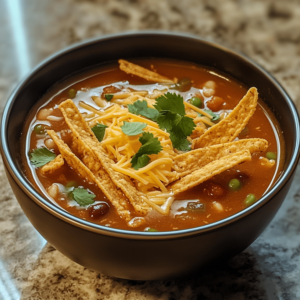 Chicken tortilla soup with tortilla strips, cheese, and cilantro